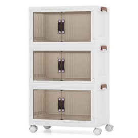 Costway 25.5 Gal 3-Tier Stackable Clothes Storage Bin w/ Magnetic Door 2 Lockable Caster