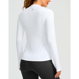 SANTINY Long Sleeve Thermal Shirts for Women Fleece Mock Neck Tops Winter Workout Running Gear with Zipper Pockets(White_XL)