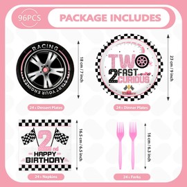 Grencian 96Pcs Two Fast 2 Curious Birthday Party Supplies Pink Race Car 2nd Party Plates and Napkins Checkered Flag Tableware for Kids Girls Racing Car 2 Year Old Birthday Decorations Serves 24