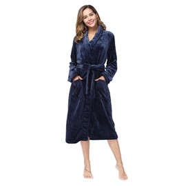 RONGTAI Womens Bathrobe Ladies Fleece Plush Warm Long Robes （Small，Navy Blue）