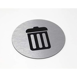 Metal Trash Signs | 3" Garbage Bin Marker | Metal Sign for Waste Basket | Brushed Silver Aluminum Sign with Black Trash Symbol | Ready to Hang | Made in USA