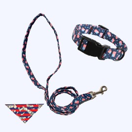 3PCS Pet Set: Adjustable Dog Collar Leash & Star-Spangled Bandana USA/American Flag Blue/White for Small/Medium Dogs/Cats (Large, USA Flag)