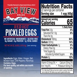 Bay View Pickled Eggs, No Artificial Ingredients, Gluten Free, 0g Sugar, 6g Protein, Fresh Grade A Eggs, Boiled and Peeled (64oz, Red Hot)