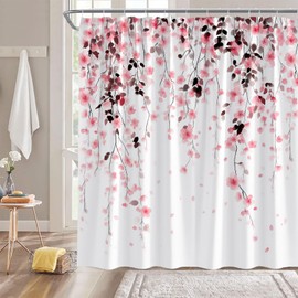 Floral Shower Curtain,Pink Gray Cherry Blossom Flower Leaf Leaves Watercolor Weeping Bathroom Home Curtain Decor with Hooks,70x70 Inch