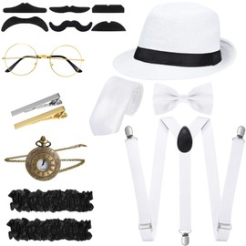 SATINIOR 1920s Old Men Costume Roaring Retro Accessories Set Gangster Hat Bow Tie Pocket Watch Suspender Glass Beard Tie Clip(White, Simple Style)