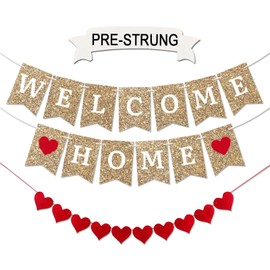 Pre-Strung Welcome Home Banner, Gold Glitter Welcome Home Banner - Pre-Strung on 8 ft Strand - Housewarming, Homecoming, Military Return Party Decorations & Decor(Gold Welcome Home)