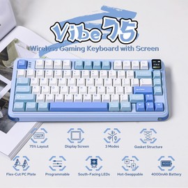MechLands Vibe75 V2 75% Wireless Gaming Keyboard with Interchangeable Screen Module, Hot Swappable Creamy Mechanical Keyboard with Gasket Structure, BT5.0/2.4GHz/USB-C, 5-Layer Padding, RGB (Blue)