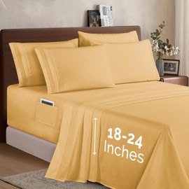 Elegant Comfort 1500 Premium Quality 6-Piece Bed Sheet Set - 18-24 Inch Extra Deep Pocket, Smart Storage Pockets, Wrinkle Free Ultra Soft 6PC Extra Deep Pocket Sheets, Queen, Gold