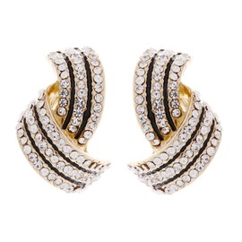Clip On Earrings - Gold Plated Stud With Clear Crystals And Black Enamel - Camila