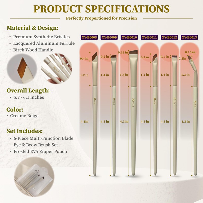 6Pcs Eyeliner & Eyebrow Brush Set Angled Blade & Sickle