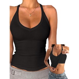 Danysu V Neck Racerback Built-in Bra Tank Tops for Women Trendy Cotton Ribbed Basic Halter Top Black XL