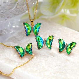 BONJOULRY Butterfly Crystal Jewelry Set with Butterfly Necklace Stud Earrings Bolo Bracelet Adjustable Ring for Women Trendy, Iridescent Y2K Dainty Butterfly Jewelry Gifts (Green)