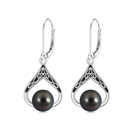 KANNSOAR Tahitian Black Pearl 8MM 18K White Gold Plated Sterling Silver Celtic Dangle Drop Earrings Pearl Jewelry Birthday Valentines Day Mothers Day Gifts for Women Wife Mom Girlfriend