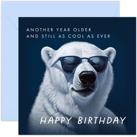 Old English Co. 'Another Year Older and Still as Cool as Ever' Funny Birthday Card for Him - Humour Polar Bear Birthday Card - Hilarious Birthday Card for Son, Dad, Grandson | Blank Inside Envelope