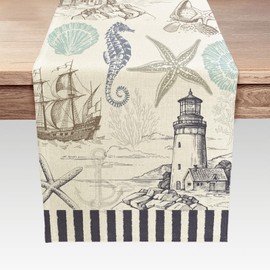 Summer Scallops Starfish Coral Coastal Table Runner, Retro Ocean Beach Sea Animals Theme Home Kitchen Dining Table Runner, Nautical Table Runner Indoor Outdoor Party Decor 13x120IN