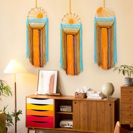 Betylifoy Sunset Macrame Wall Hanging Decor Boho Woven Tapestry Sunrise Dream Catcher with Colorful Tassel Sun Macrame Tapestries Wall Art Decor for Bedroom Nursery Living Room (3PCS)