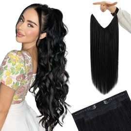 YoungSee Wire Hair Extensions Human Hair Black Wire Real Hair Extensions Jet Black Real Hair Wire Extensions Natural Black Fish Line Hair Extensions One Piece Hair Extensions for Short 70G 12Inch