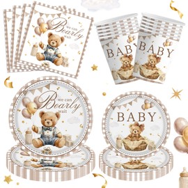 80PCS Bear Baby Shower Decorations Brown Bear Plates Napkins cups Set We Can Bearly Wait Baby Shower Supplies, Serves 20