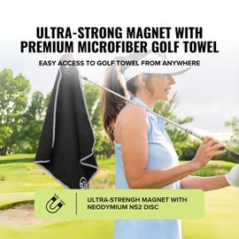 Stripebird - Magnetic Golf Towel (Black) - Microfiber Golf Towel with Built-in Ultra-Strong Neodymium Magnetic Towel - 18" x 18" Golf Bag Towel