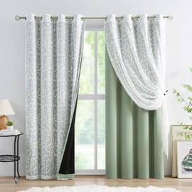 Jubilantex Green Blackout Curtains Leaf Sheer Lace 2 Panels & 2 Full Blackout Curtains 100 Percent Room Darkening Curtains for Bedroom Living Room Grommet Top,52" W x 63" L,Green & White