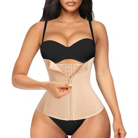 Chumian 3 Clip&Zip 6 Steel Boned Waist Trainer Corset Sport Workout Body Shaper Tummy Control (M, Beige)