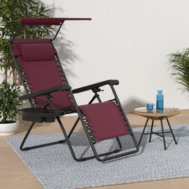 Best Choice Products Folding Zero Gravity Outdoor Recliner Patio Lounge Chair w/Adjustable Canopy Shade, Headrest, Side Accessory Tray, Textilene Mesh - Burgundy