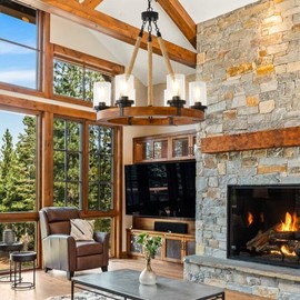 Wagon Wheel Chandelier, 6 Lights, 23 Inch with Faux Bubble Glass Shades, Round Wooden Farmhouse Chandelier, Hanging High Ceiling Fixture for Vintage Style Living Rooms, Dining Rooms, Coffee Houses