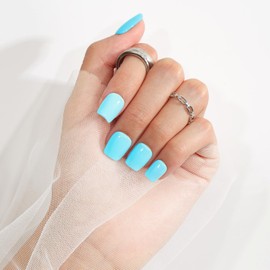 KQueenest Teal Blue Press On Nails Short Square - Acrylic Press On Nails Summer, Sheer Turquoise Short Fake Nails with Glue, Glossy Opaque, Reusable Soft Gel Glue on Nails for Women Gift, 24 Pcs