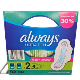Always Ultra Thin Unscented Overnight Pads Flexi Wings Size 2 Jumbo Pack 92 Pads