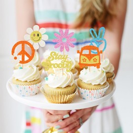 Keaziu 30 Pack Hippie Party Cupcake Toppers Peace Sign Hand Cupcake Picks 60s Theme Flower Boho Rainbow Birthday Party Supplies
