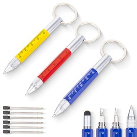 Umbrotiger 3-Pack 5-in-1 Mini Keychain Pen Set – Ballpoint, Ruler, Flathead/Phillips Screwdrivers, Stylus, 6 Refills (2/ Pen), Long lasting Metal Tool for Outdoors, Office & Camping