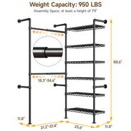 L2 Wall Mounted Closet System, Industrial Pipe Clothing Rack Clothes Racks with 2 Telescopic Rod & 6 Shelves, Heavy Duty Closet Organizers System in Wardrobe Closet, Black