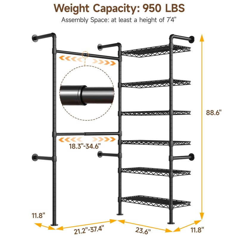 L2 Wall Mounted Closet System, Industrial Pipe Clothing Rack Clothes