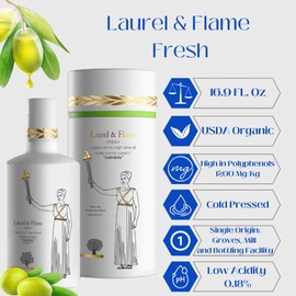 Laurel & Flame Fresh - Extra Virgin Olive Oil - "Best Greek Olive Oil" Award - Cold Pressed - Polyphenol Rich (1,212 MG/KG) - USDA-Organic - 90X Hydroxytyrosol Polyphenols - Early Harvest - Single Origin - Rare Local Olive Variety - 500 ml (16.9 fl oz)
