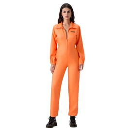 Felcia Adult Prisoner Jumpsuit, Orange Prisoner Overall, Boiler Suit, Convict, Robber, Fancy Dress Costume, Carnival, Party, Cosplay Outfit (C-Orange Women, M)