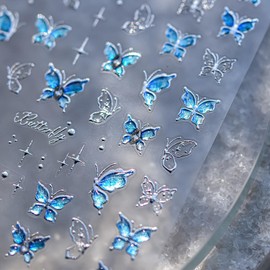 5D Embossed Butterfly Nail Stickers for Art Nail Blue Butterfly Nail Art Stickers Self-Adhesive Silver Butterflies Star Design Manicure Decorations Spring Summer Nail Decals for Women Acrylic Nails