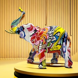 DESHINTKE Colorful Graffiti Elephant Sculpture, Resin Elephant Figurine Statue Modern Home Office Figurine Desktop Decoration