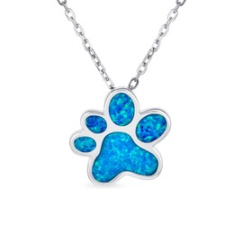 BFF Best Friend Animal Pet Lover BFF Gemstone Blue Opal Inlay Cat Dog Puppy Paw Print Necklace Pendant For Women Teen .925 Sterling Silver