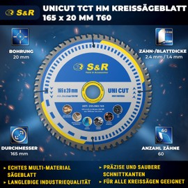 S&R Circular Saw Blade 165 x 20 mm FWF Design, 60 Tungsten Carbide HW Teeth, Universal Multicut Saw Blade for Wood, 4mm Mild Steel, Non-ferrous Metals, Plastic, Aluminium, Multipurpose Saw Blade