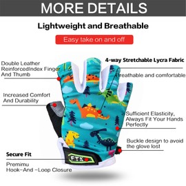 Kids Junior Cycling Gloves Fingerless Outdoor Sport Road Mountain Bike, Fit Boy Girl Youth Age 2-10, Gel Padding Bicycle Half Finger Pair S M L XL (Dinosaur, M)