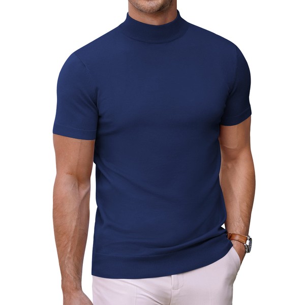 COOFANDY - Suéter de cuello alto falso, de manga corta, color sólido, camisetas básicas de punto de ajuste ajustado, Azul marino, Small