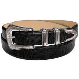 Brenton Italian Calfskin Genuine Leather Designer Dress Belt with Western Silver Plated Buckle Set - Assembled in The USA (Lizard Black, 42)