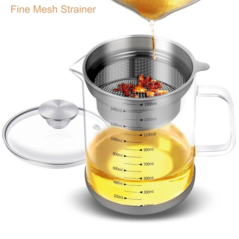 Abdodar 50oz Glass Oil Strainer Container with Fine Mesh Strainer