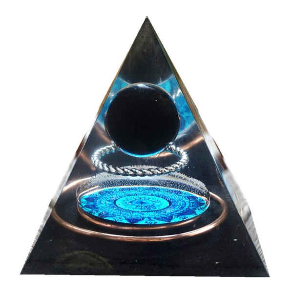 Handmade Obsidian Crystal Sphere Orgonite Pyramid with Copper Reiki Energy