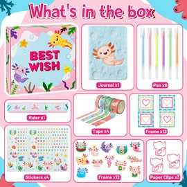 CY2SIDE 44PCS Axolotl DIY Journal Kit Set for Kids Axolotl Plush Scrapbook Diary Journaling Stationery Set for Writing Make Your Own Scrapbook with Crafts Idea Birthday Gifts for Teen Girls DIY Gifts