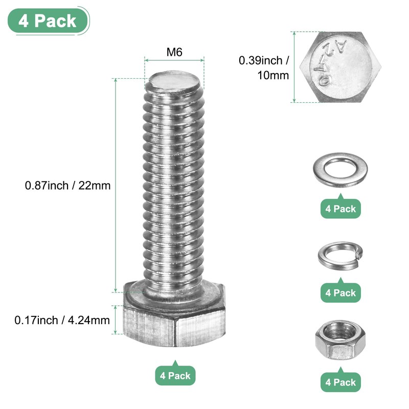 M METERXITY 4-Pack Hex Head Screw Bolt with Nuts Flat