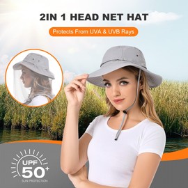 Mosquito Sun Net Hat Cap - Foldable Bug Hat UPF 50+ Sun Protection with Hidden Netting for Summer Beekeeping Hiking Men Women, Light Gray