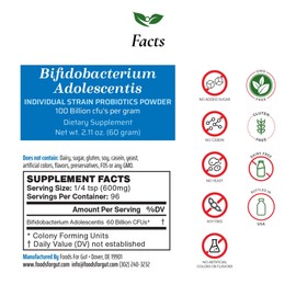 Foods For Gut Bifidobacterium Adolescentis Probiotic Powder 100 Billion cfu's | No Additives | Digestive & Immune Support | High Potency | B. Adolescentis | 60 Grams (2.11 Oz)