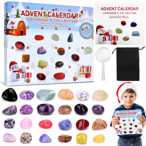 Advent Calendar 2023 Crystal Rocks, 24 Days Christmas Countdown Calendar, Natural Crystal Agate Stone Gemstones for Geology Explore Enthusiasts, Gift for Kids Adult