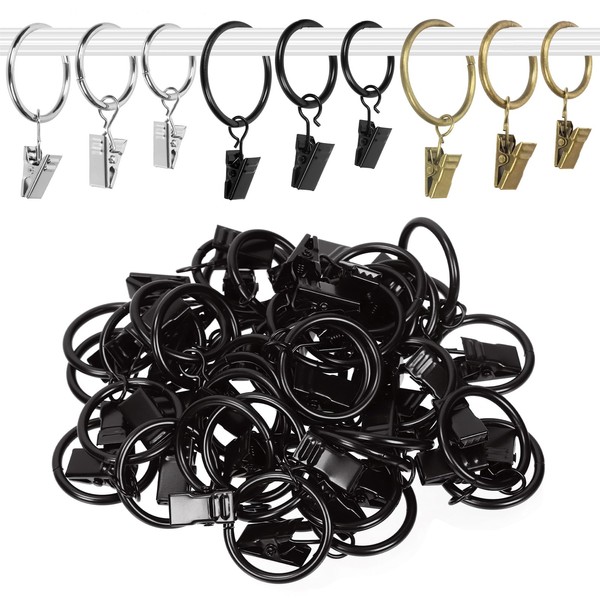 Rustark 40Pcs Black Curtain Rings with Clips, 1" (25mm) Interior